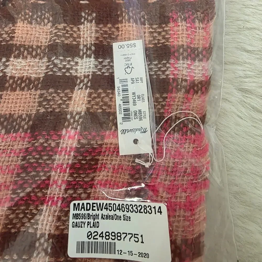 Madewell NEW Bright Azalea Pink Plaid Gauzy Wool Blend Fringe Scarf Wrap